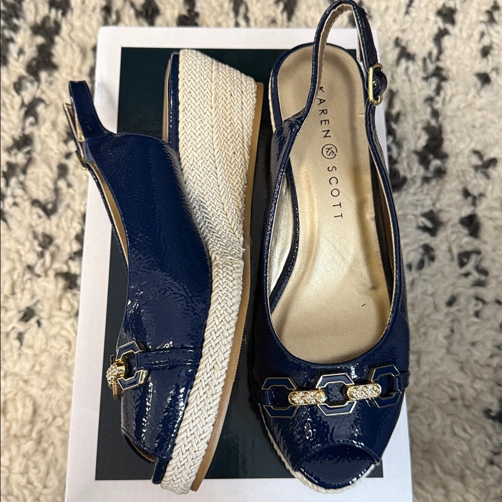 Karen Scott Dark Blue Slingback Sandals with Gold Detail